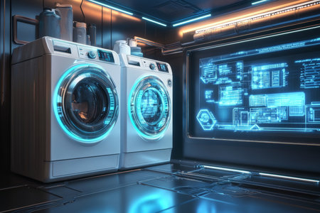 Futuristic 3d laundry room featuring advanced washing machines and holographic control interfacesの写真素材