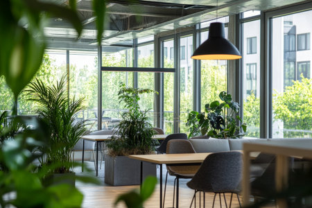 Modern eco friendly office interior design showing sustainable elements and innovative aestheticsの写真素材