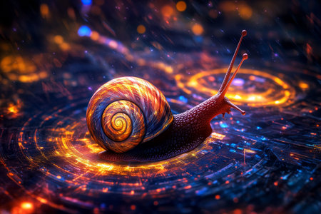 Futuristic clock with fractal dial and glowing snail in a digital nebula settingの写真素材