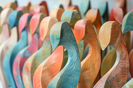 Colorful abstract wooden figures with diverse hues, shapes, and intricate designsの写真素材