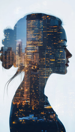 Double exposure art urban cityscape merged with woman s silhouette for a lifestyle conceptの写真素材