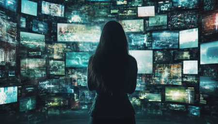 A woman immersed in the world of big data from streaming services and social media platformsの写真素材
