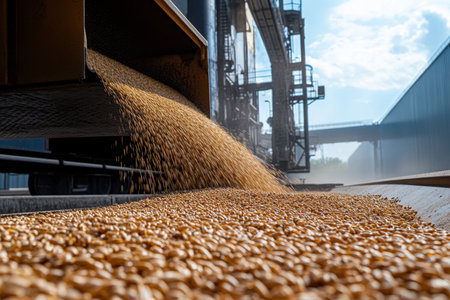 Wheat unloading at a grain dock cargo truck filled with grain on industrial surfaceの写真素材