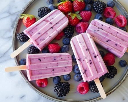 Summer delight fruit berry yogurt popsicles on a stick for a refreshing and indulgent frozen treat