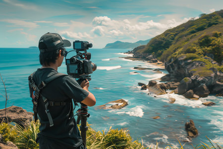 Professional videographer capturing cinematic footage with gimbal mounted camera at coastal locationの写真素材