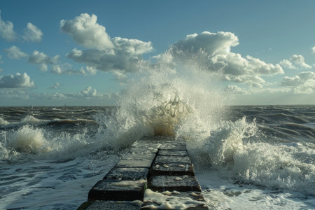 A dramatic scene of rough waves crashing over a jetty during a stormy day at seaの写真素材