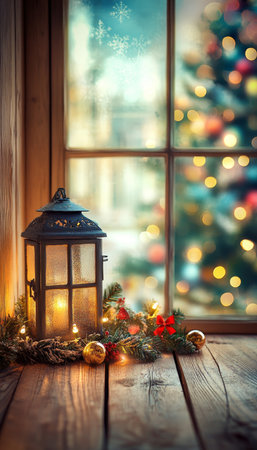 Festive christmas scene featuring lantern and decorations with colorful bokeh and tree ambianceの写真素材