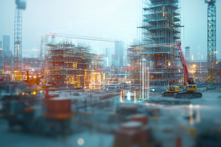 Futuristic construction site with holographic visuals and advanced ai tools for engineering designの写真素材
