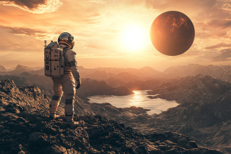 Astronaut stands on rugged landscape gazing at liquid surface beneath hazy alien sky and sunの写真素材