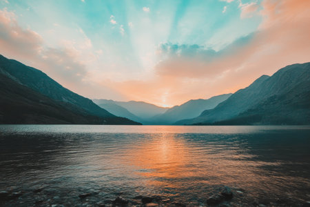 Serene lake surrounded by majestic mountains under a tranquil blue and orange skyの写真素材