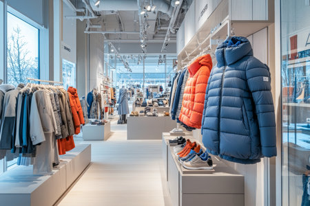 Modern fashion store interior showing stylish outfits in a clean and bright environmentの写真素材