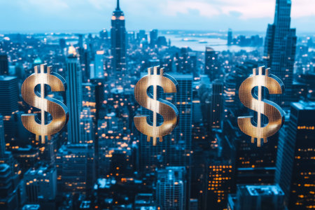 Modern urban skyline with dollar signs, representing lucrative real estate investment opportunitiesの写真素材