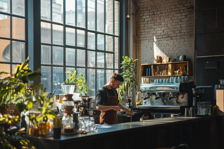 Barista brewing coffee in a stylish urban caf with expansive windows and text space on the leftの写真素材