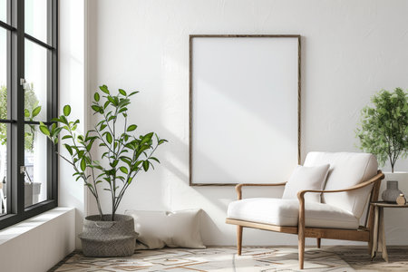 Modern interior living room with scandinavian style mockup poster frame in high quality photoの写真素材