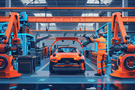 Automotive factory engineer overseeing car assembly line in manufacturing processの写真素材