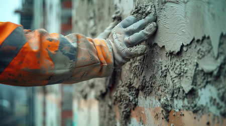 Skilled construction worker building house wall with hands in high resolution imageの写真素材