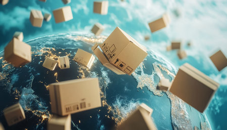 Futuristic global delivery concept featuring cardboard boxes soaring around the earth in logisticsの写真素材
