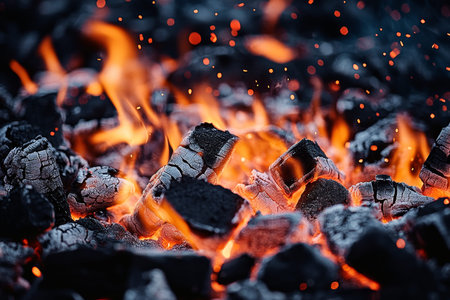 Close up of fire and embers on hot coals, ideal for grilling or barbecue banner design