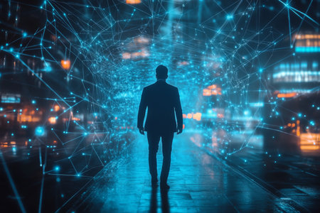 Businessman in the metaverse conceptualizing digital transformation for the next gen technology eraの写真素材