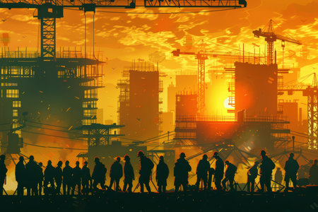 Silhouette staff setting up numbers for new year 2025 at construction site with cranesの写真素材