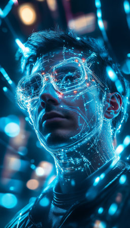 Portrait of a technology innovator surrounded by futuristic elements in a high tech settingの写真素材