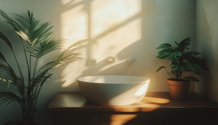 Minimalist bathroom design featuring sunlight, white basin, and potted plants for serenityの写真素材