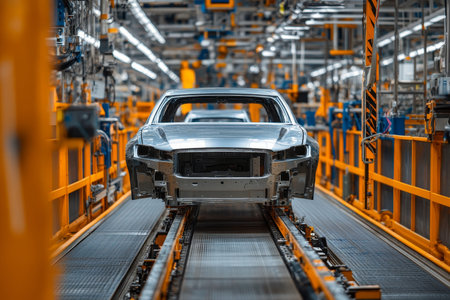 Automated car body assembly on conveyor belt in modern vehicle manufacturing plant