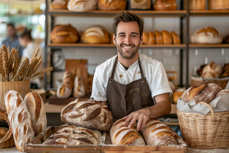 Artisan baker displaying variety of freshly baked bread in charming and inviting presentation