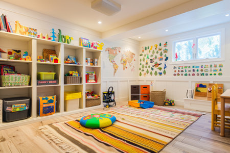 Tidy child s playroom with toys, books, and play area for organized and fun playtimeの写真素材