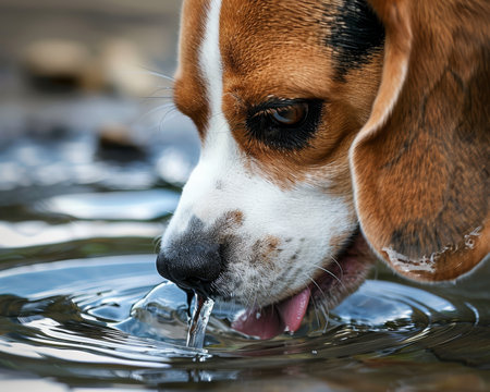 High quality close up of a beagle dog drinking water, capturing the details in stunning clarityの写真素材