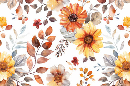 Hand drawn watercolor autumn floral pattern in fall colors for stock illustration purposesの写真素材