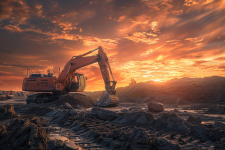 Excavator actively engaged in earthmoving tasks under the mesmerizing canvas of a stunning sunsetの写真素材
