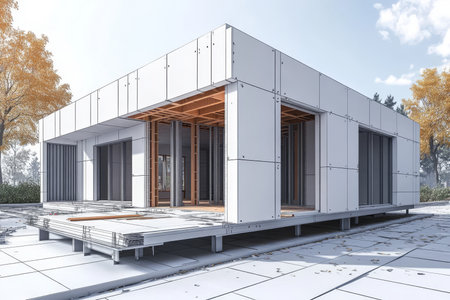 Modern modular house construction 3d illustration of composite sip panel assembly processの写真素材