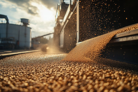 Grain loading dock wheat unloading into cargo truck and spilling on industrial surfaceの写真素材