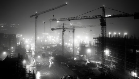 Dynamic construction site featuring numerous tower cranes against a clear sky backdropの写真素材