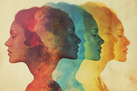Artistic silhouettes of women in soft colors a multi layered collage on shaped canvasの写真素材