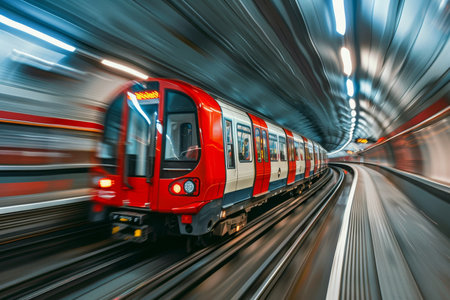 Urban metro energy in motion dynamic subway train speeds through tunnel with motion blurの写真素材