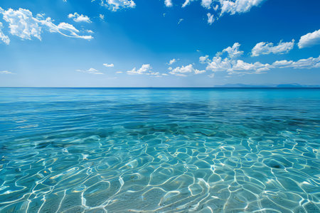 Tranquil mediterranean seascape with clear blue waters meeting the azure sky in a serene compositionの写真素材