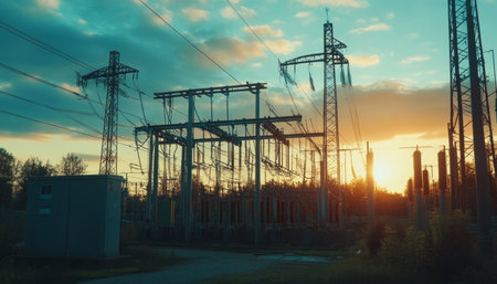 Electric power substation featuring transformers and high voltage equipment for energy distributionの写真素材