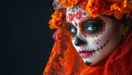 Portrait of a young woman with sugar skull makeup for dia de los muertos and Halloween celebrationsの写真素材