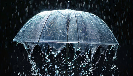 Transparent umbrella in rain with water drops background showing rainy weather conceptの写真素材