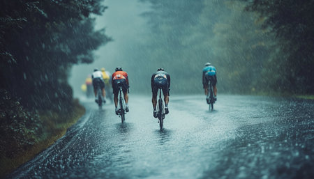 Cyclists compete in a bicycle race on rainy country roads captured from the back viewの写真素材