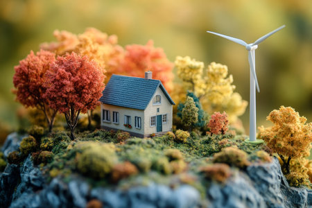 Miniature landscape featuring a cozy house, vibrant trees, and a wind turbine for sustainabilityの写真素材