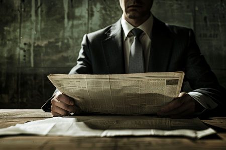 Businessman in professional attire reading newspaper at desk in high quality resolution imageの写真素材