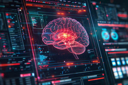 Advancements in brain computer interface holographic brain scan surrounded by data visualizationsの写真素材