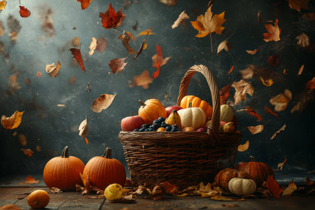 Charming autumn scene featuring colorful pumpkins, a fruit basket, and cascading leavesの写真素材