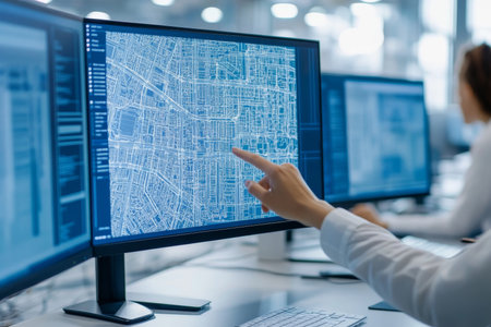 Team collaboration in urban planning analyzing architectural blueprints on multiple monitorsの写真素材