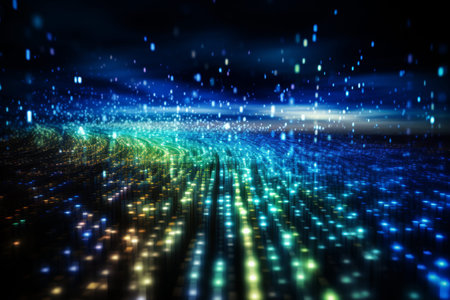 Pixelated data stream, binary code, and encryption concept on digital interface with glowing dots