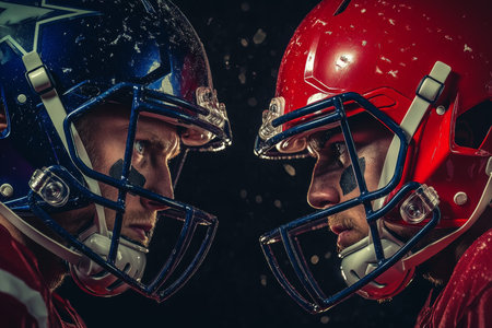 Intense standoff captains of american football teams lock eyes in a high stakes matchup