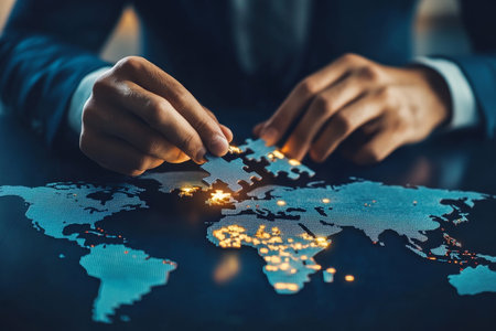 Businessman connecting jigsaw puzzle pieces with global map for international networking conceptの写真素材